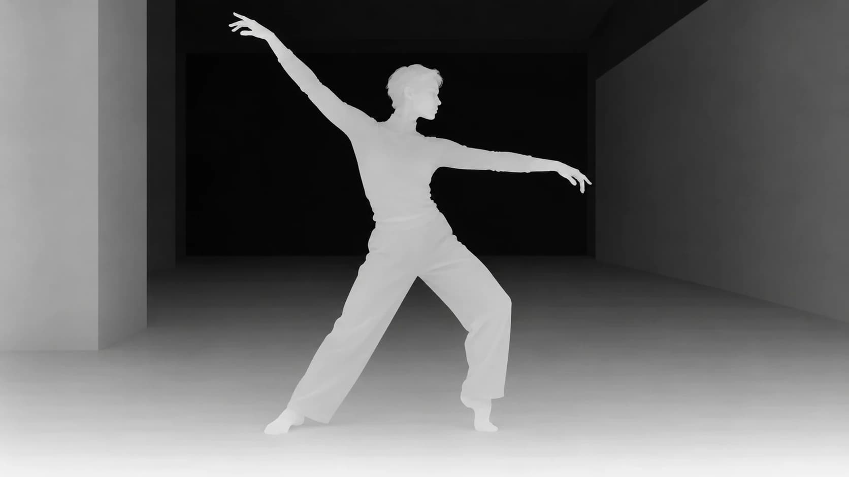 Grayscale illustration of a dancer and the surrounding indoor space, showing relative depth.