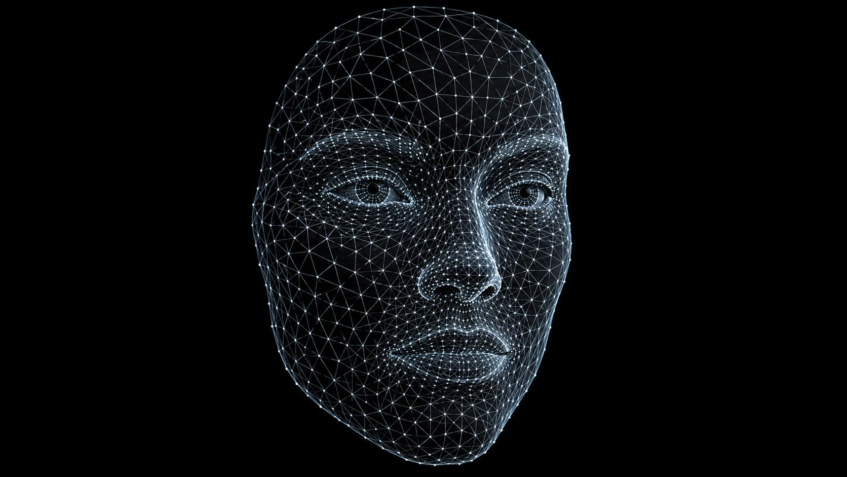 A detailed front-facing facial mesh of pale points and lines on a black background.