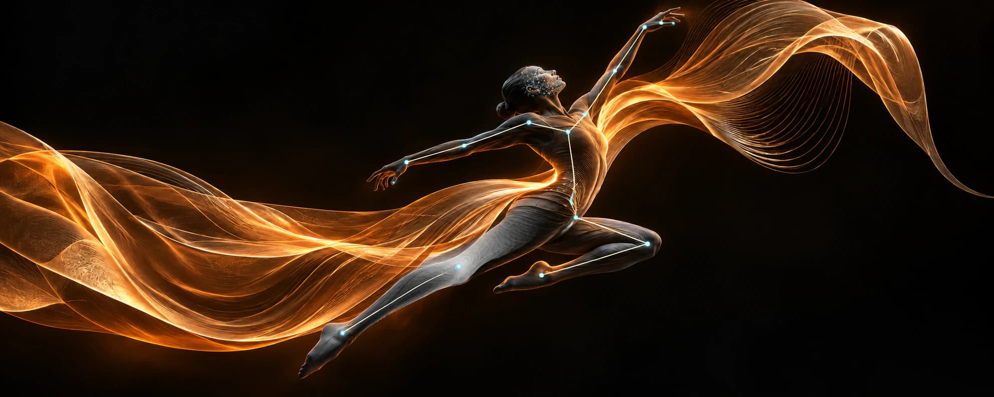 Illustration of a leaping dancer with golden ribbons, body landmarks and a face mesh.