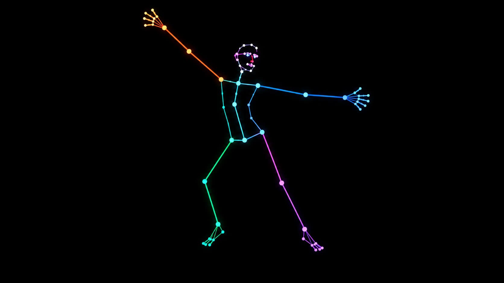 Colorful body joints and connections showing a dance pose on a black background.